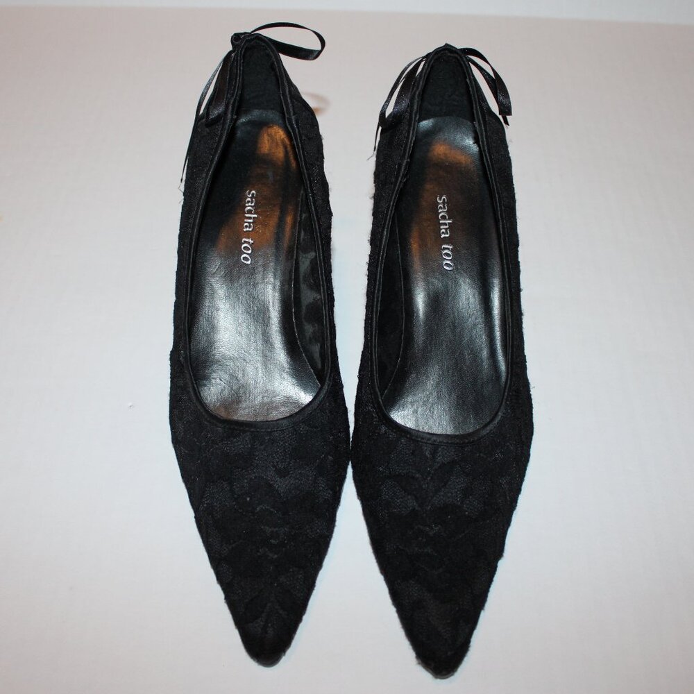 Black Lace Pumps 3.5 Inch Heels Sacha Pointed Toe with Bowtie Accents 8.5 Shoes